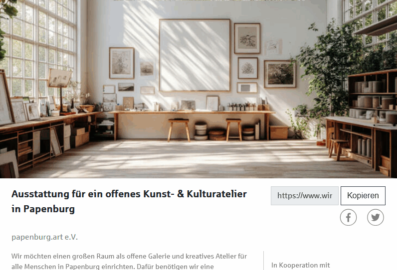 Bild eines Ateliers als Symbol für den Spendenzweck, Angaben zu dem Spendenprojekt und Verlinkung zu betterplace.org